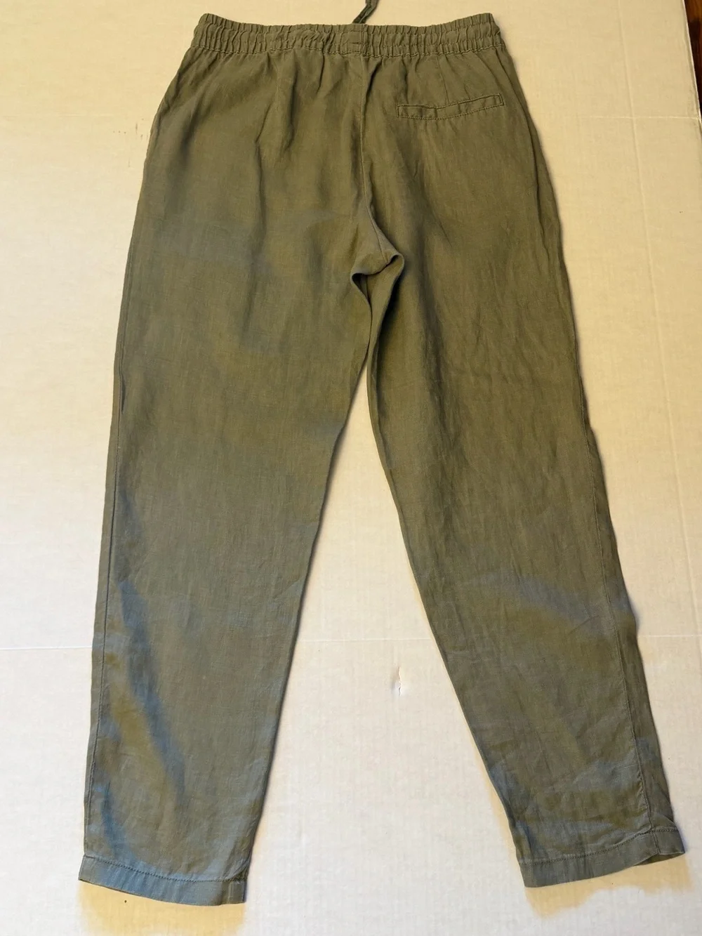 H&M khaki Green Drawstring 100% Linen Womens Pants Sz-6. FF13